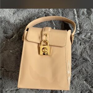 Patent Beige Top-Handle Crossbody Bag with Gold Lock